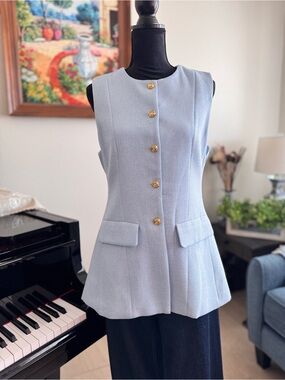 Sleeveless Pale Blue Button Front Vest with Gold Buttons